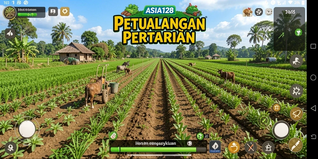 Screenshot utama menampilkan gameplay seru di ladang pertanian.