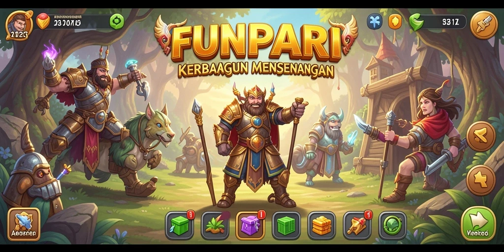Tampilan screenshot FUNPARI menunjukkan gameplay santai dalam membangun kerajaan.