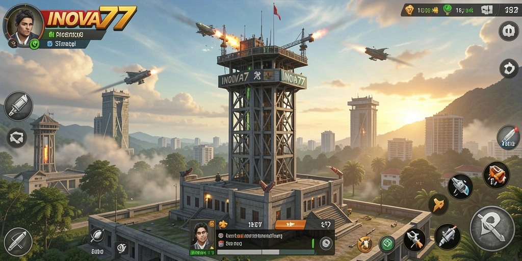 Tampilan gameplay menara dalam INOVA77 yang penuh strategi dan aksi.