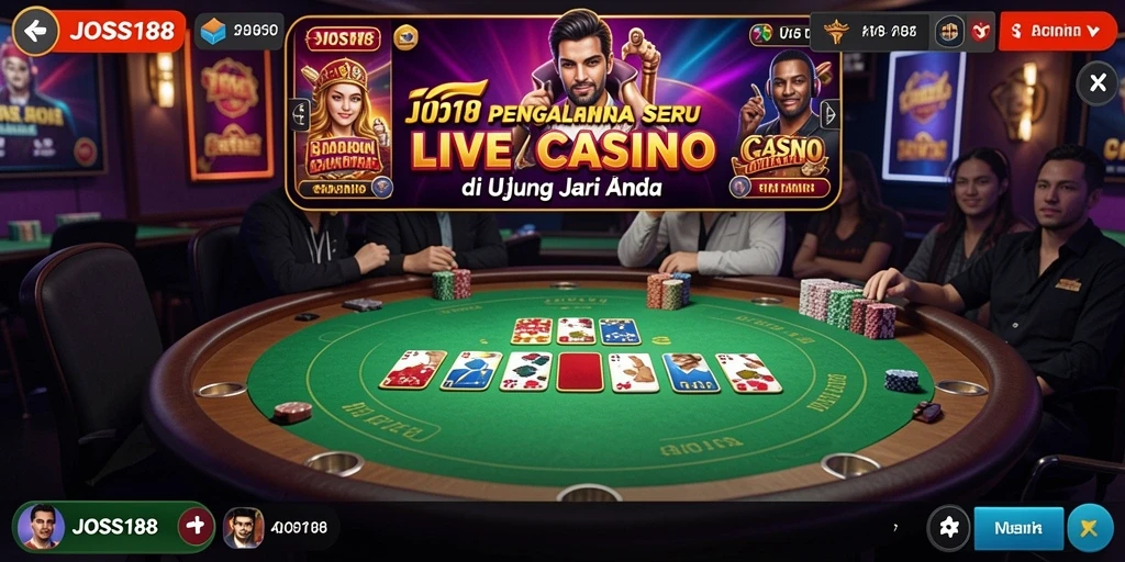 Screenshot gameplay JOSS188 menunjukkan suasana Live Casino yang hidup dan interaktif.