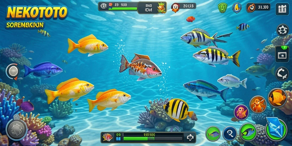 Screenshot gameplay Tembak Ikan NEKOTOTO yang menampilkan aksi menangkap ikan.