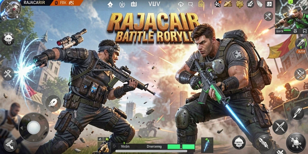 Tangkapan layar gameplay RAJACAIR menampilkan aksi seru di medan perang Battle Royale.
