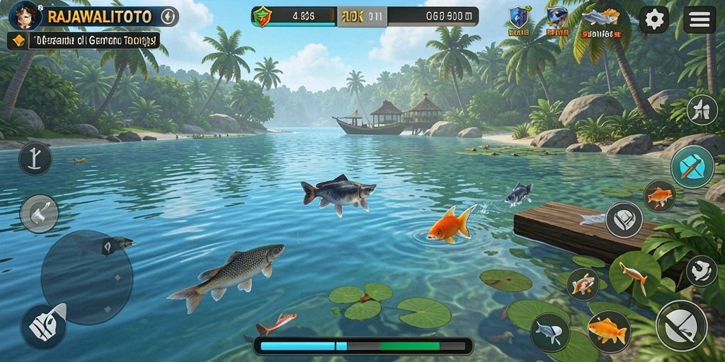 Screenshot gameplay RAJAWALITOTO menampilkan aksi memancing yang seru.