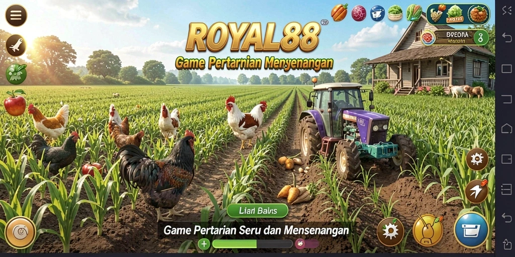 Tangkapan layar gameplay ROYAL88 dengan peternakan yang indah dan tanaman beragam.