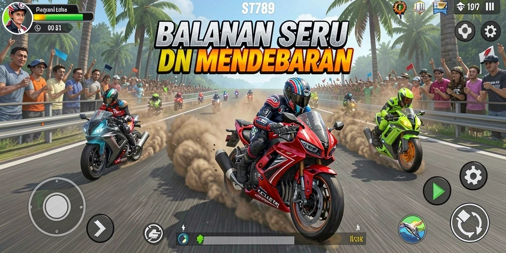 Tangkapan layar gameplay ST789 yang menampilkan aksi balapan motor yang seru.