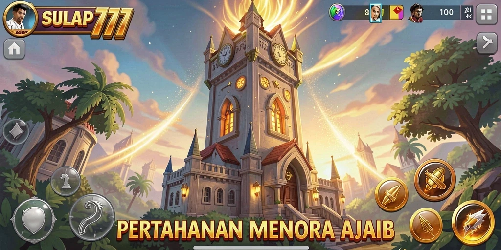 Tampilan gameplay SULAP777 dengan menara bertahan yang megah.
