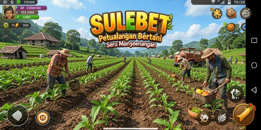 Menampilkan gameplay SULEBET dengan ladang yang subur dan tanaman berwarna-warni.