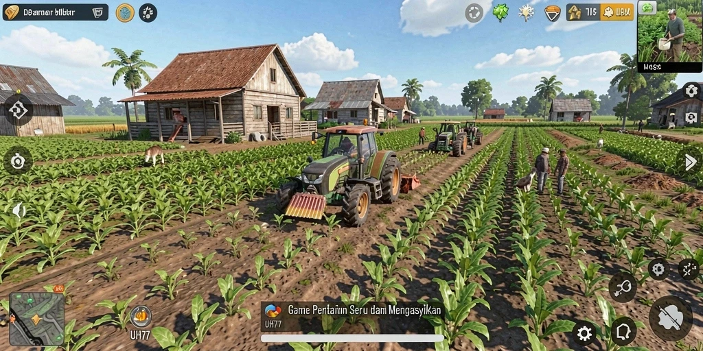 Tampilan gameplay UH77 yang menampilkan aktivitas pertanian yang seru.