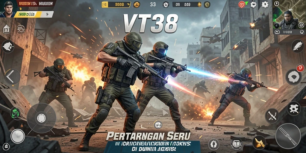 Screenshot utama VT38 menampilkan aksi seru di tengah pertarungan epik.